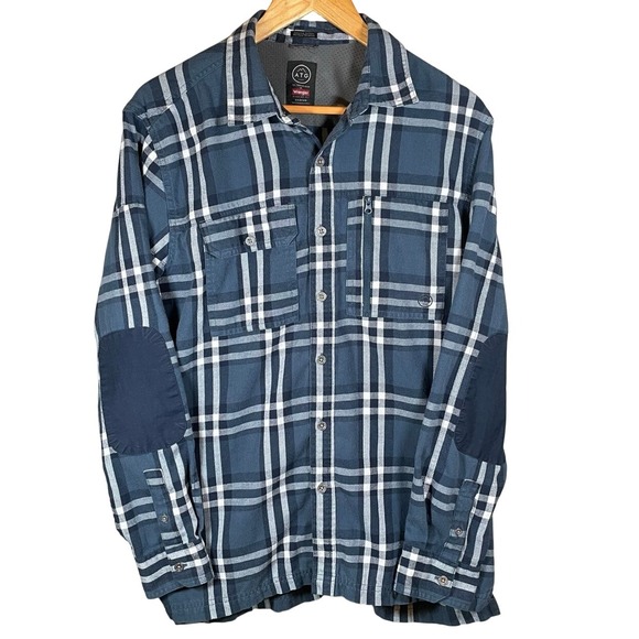 Wrangler ATG‎ Men's Medium Flannel Elbow Patch Shirt Organic Cotton Blue Plaid - Picture 1 of 5
